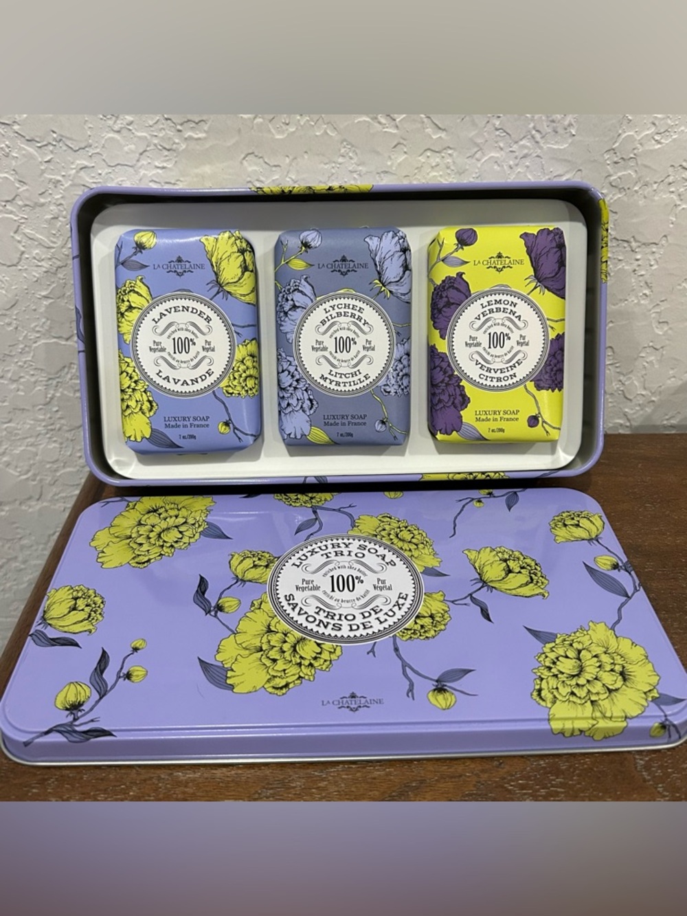 New, La Chatelaine Luxury Soap Bars (3-7oz.) Lavender, Lychee, Lemon Verbena